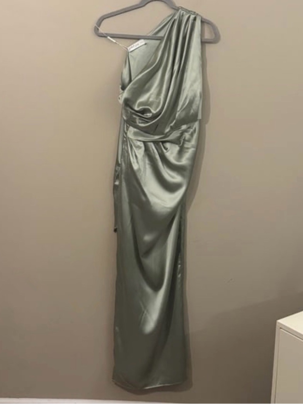 NWOT- Petal & Pup Nadia One-Shoulder Satin Maxi Dress, Sage, 6